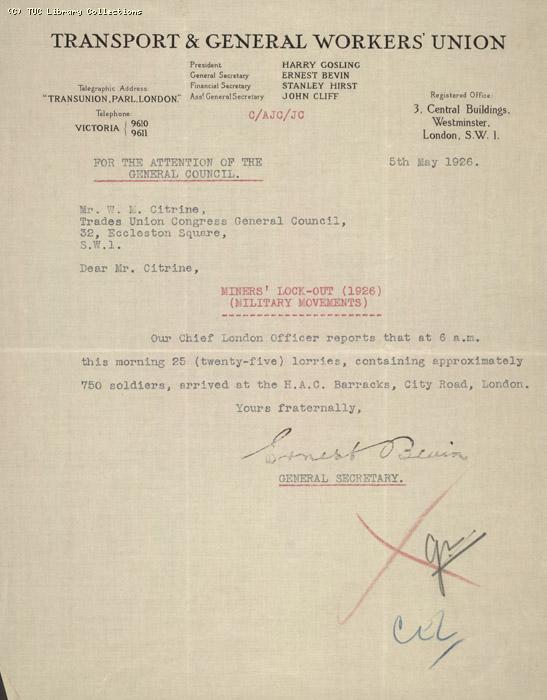 Letter from Ernest Bevin to Walter Citrine, 5 May 1926, re: troop movements on City Road, London